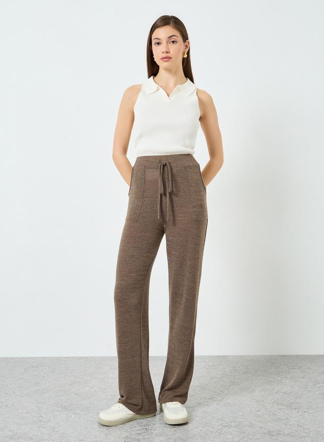 Styli Women Brown Solid Knit Pants with Pocket - Image 4